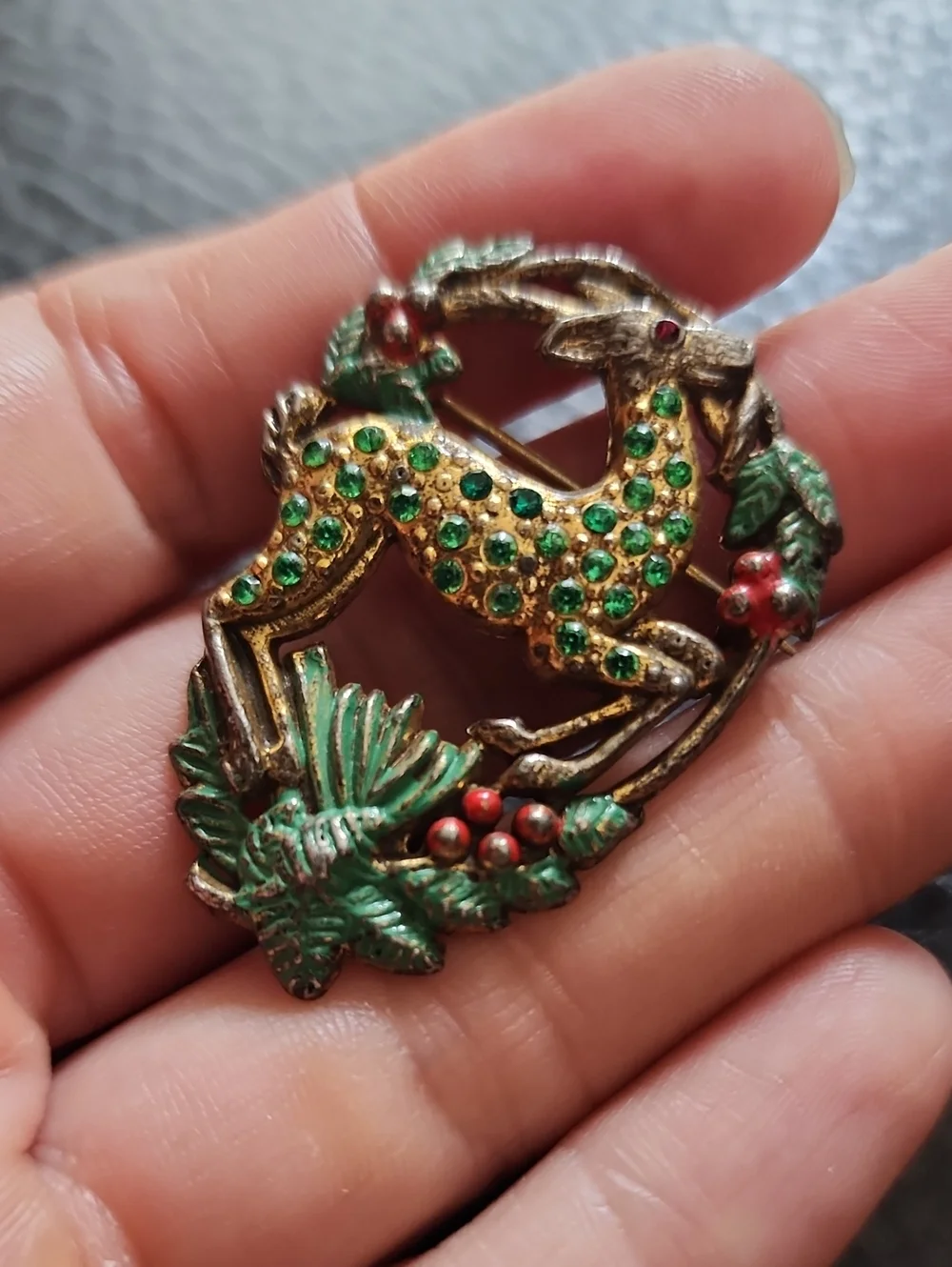Vintage Green Crystal Reindeer Brooch